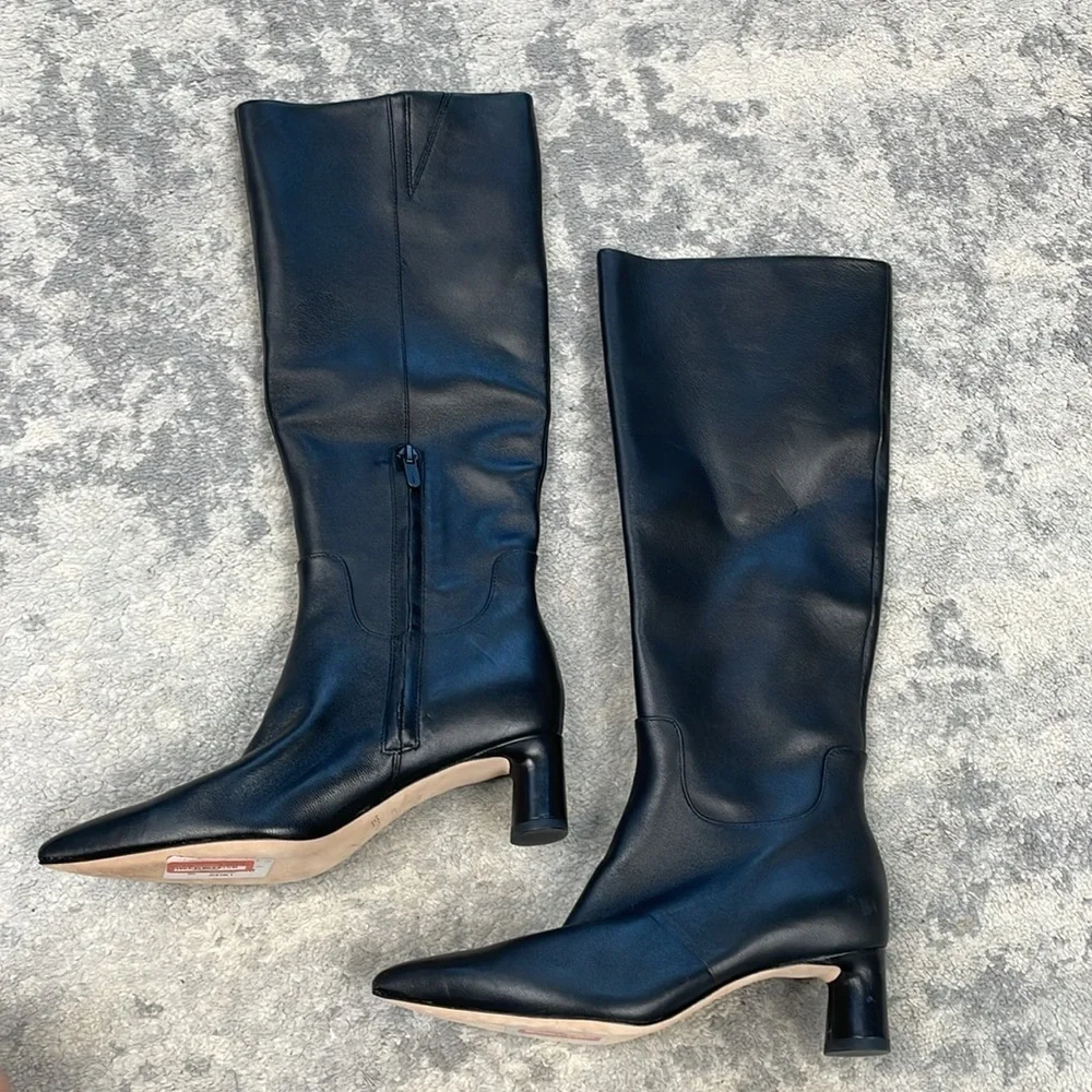 New Vince Floris Leather Boot Mid Calf Black Low Heel Everyday Sz 5